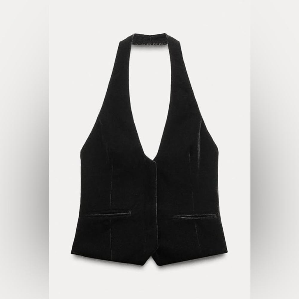 ZARA Black Velour Button Halter Neck Top/Vest size medium - Picture 3 of 8
